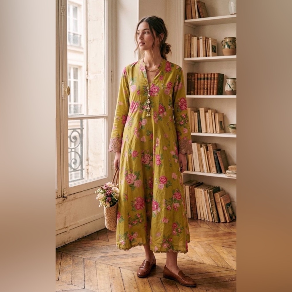 NWOT Khaadi Olive & Pink Floral Cotton Long Kurta | Size S